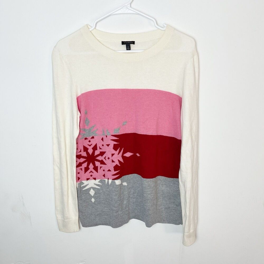 Talbots Sweater Womens Size M Holiday Snowflake‎ Pink White Lightweight Stripes